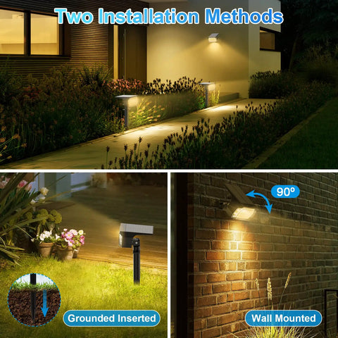 57 LED Solar Spot Lights Outdoor Six Pack IP65 Waterproof Landscape Pathway Spotlights for Garden Yard Patio Pool Warm White shown installed near a modern house with ground and wall installations.
