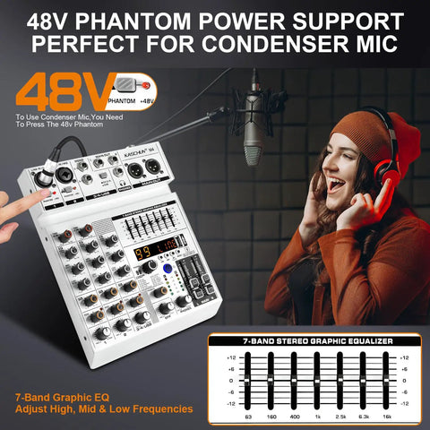 Woman using 4-Channel Audio Mixer With Bluetooth And 99 DSP Effects, 7-Band EQ, 48V Phantom Power, USB Audio Interface for Podcasting