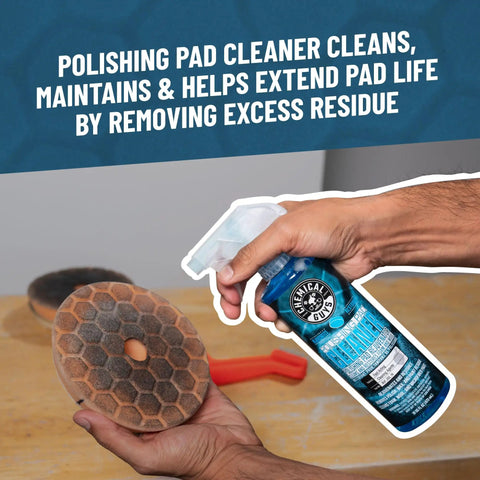 Buffing Pad Sampler Kit For Detailing: 3 Pro Foam Car Polishing Pads, 16 Oz Polishing Cleaner shown with hands cleaning a pad