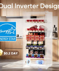Massive Convertible Upright Freezer And Refrigerator Combo, 21.2 Cubic Feet Stainless Steel Build with food items visible inside.