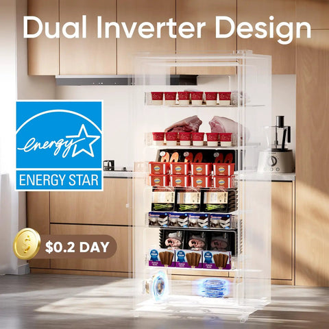 Massive Convertible Upright Freezer And Refrigerator Combo, 21.2 Cubic Feet Stainless Steel Build with food items visible inside.