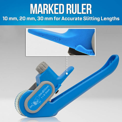 Pro-Grade Ratcheting Cable Slitter with marked ruler and adjustable cutting depth for precise slitting lengths.