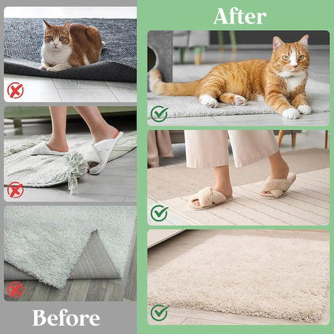 Before and after using Non Slip Rug Gripper Pads 20 Pack Set, Super Sticky Adhesive Rug Stoppers That Are Reusable And Washable