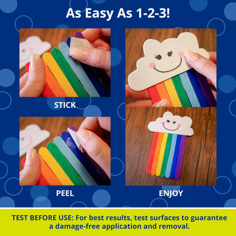 Using Double-Sided Craft Dots Half Inch Permanent Adhesive Points to attach rainbow craft sticks with a smiling cloud for DIY projects.