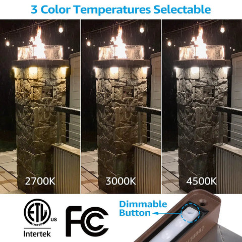 Lit Right Angle Outdoor Step Lights 8 Pack for Corners and Walls LED Hardscape Lighting showing 2700K 3000K 4500K color temperatures