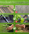 Product comparison of heavy duty 6 inch galvanized landscape staples set with gasket, showing use with various fabrics and installations.