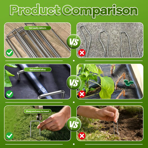 Product comparison of heavy duty 6 inch galvanized landscape staples set with gasket, showing use with various fabrics and installations.