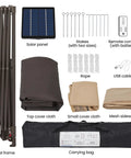 Easy Pop Up 13x13 Patio Gazebo Tent With All Around Mesh Sides And 25 Solar LED Lights parts including frame, cloths, and accessories in khaki and brown.