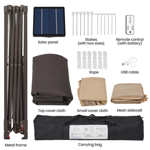Easy Pop Up 13x13 Patio Gazebo Tent With All Around Mesh Sides And 25 Solar LED Lights parts including frame, cloths, and accessories in khaki and brown.