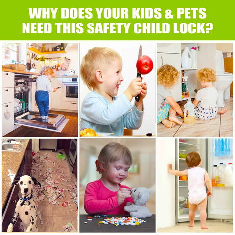 Collage showing kids creating mess and mischief, highlighting the need for Six Pack Adjustable U Shaped Child Safety Cabinet Locks For Closets Knobs And Cabinets Baby Proof Cabinet Latches To Keep Curious Kids Safe And Your Home Peaceful.