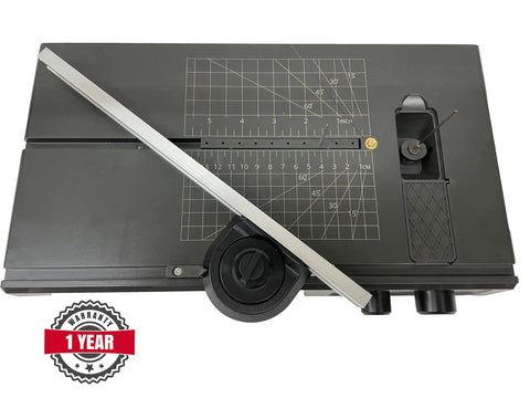 Top view of Hot Wire Foam Cutter Table With Variable Temperature And Multi Angle Bevel Knife, grid surface, warranty badge.