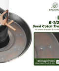 Close-up of drainage holes and seed tray on Outdoor Metal Bird Feeder That Hangs Easy On Deck With Oversized 11.5 Inch Protective Dome.