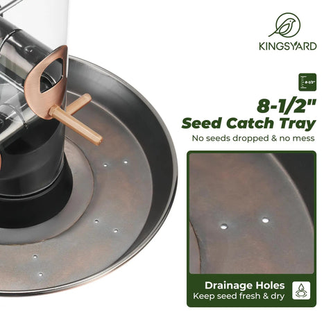 Close-up of drainage holes and seed tray on Outdoor Metal Bird Feeder That Hangs Easy On Deck With Oversized 11.5 Inch Protective Dome.