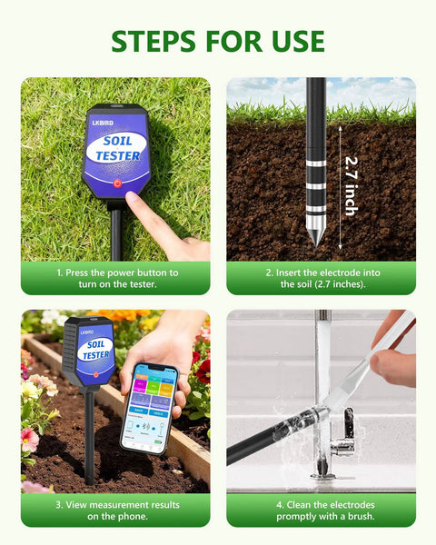 Steps for using the 8-In-1 Smart Soil Tester With App Monitoring For Garden, Lawns, Farms And Indoor Outdoor Plants Real-Time Readouts