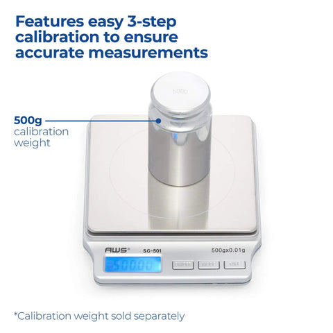 Precision Digital Kitchen Scale For Food Measuring 2Kg X 0.1g, Silver SC Series with 500g calibration weight on platform