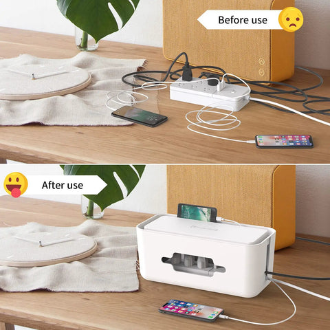 Surge Protector Power Strip With Cable Management Box 6 Outlets And 2 USB Ports shown before and after tidy cable organization.