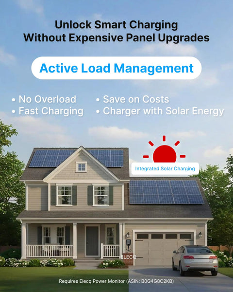 Residential house with solar panels and car charging, showcasing Level 2 EV Charger With 40A NEMA 14-50 Plug Wi Fi Enabled Active Load Management Solar Charging Mode OCPP Compatible J1772 Connector Home EV Charging That Is Fast Safe And Future Ready features.