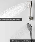 Comparison of SOKA and other brand handheld shower heads spraying water, showcasing 9 Inch Rain Shower Head With Handheld System Dual Shower Combo 3 Setting Sprayer Slide Bar Chrome Finish Durable Brass Rail ABS Body And Stainless Steel Hose With Rub Clean Tips For Easy Mineral Buildup Cleaning.