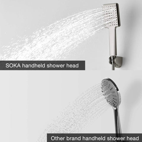 Comparison of SOKA and other brand handheld shower heads spraying water, showcasing 9 Inch Rain Shower Head With Handheld System Dual Shower Combo 3 Setting Sprayer Slide Bar Chrome Finish Durable Brass Rail ABS Body And Stainless Steel Hose With Rub Clean Tips For Easy Mineral Buildup Cleaning.