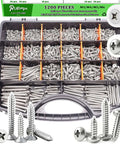 Stainless Steel Wood Screws Set 1200 Pcs Self Tapping Assortment Kit M3 M4 M5 M6 with organizer box, round and flat heads