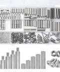 Premium M2 Stainless Steel Standoff Kit Includes 280 Pieces of Heavy Duty Hex Spacers Male Female and Male Only Stands Along With Pan Head Screws and Hex Nuts, organized in a clear storage box.