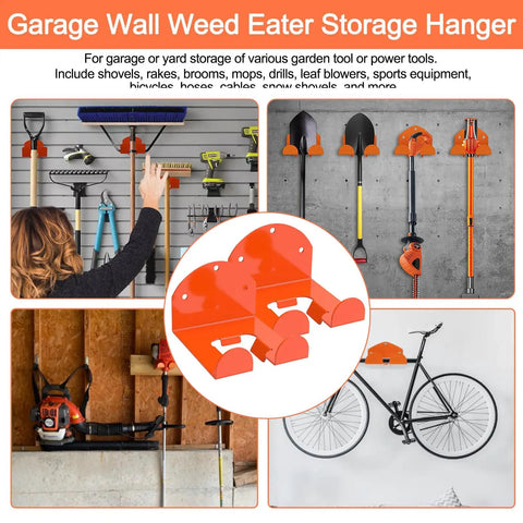 Two Pack Heavy Duty Garage Trimmer Rack Wall Mount Organizer for grass trimmers and weed eaters, orange with mounted tools