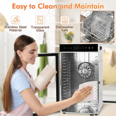 Commercial Grade Food Dehydrator With Eighteen Slick Stainless Steel Trays in kitchen, being cleaned with transparent door.