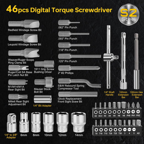 Pro Grade Digital Torque Screwdriver Kit with 46 S2 steel bits and tools for bike repair, electronics, and scope mounting.