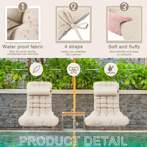 Outdoor Chaise Lounge Cushion Set 66 By 21 By 4 Inch Waterproof And Fade Resistant For Patio And Poolside Includes Headrest Pillow Tie Straps Replaces Rocking High Back Cushions Light Beige Set Of 2 showing waterproof fabric, straps, and fluffy texture.