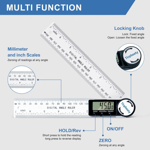 Heavy Duty Digital Angle Finder Protractor Tool With Sleek Seven Inch Body showing digital display and measurement scales.
