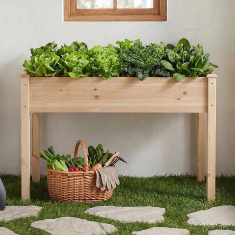 Raised Garden Bed With Legs 34x18x30 Inch Planter Box Outdoor With Liner For Herbs Flowers Veggies Elevated Wooden Garden Bed