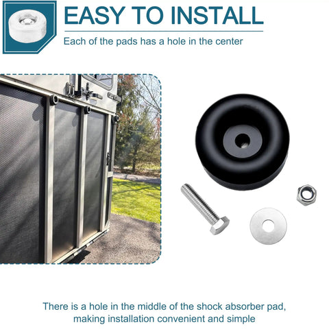 Heavy Duty 2.5 Inch Round Rubber Trailer Bumpers With Hardware shown with bolt, nut, washer, and installation instructions