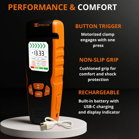 Optical fiber identifier OFI live traffic signal detector, USB-C rechargeable, orange and black handheld tester