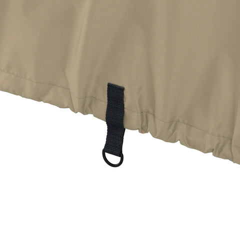 Fairway Long Roof Four Person Golf Cart Quick Fit Cover For Yamaha Club Car EZ Go Weatherproof Shield Against Sun Rain And Dirt Light Khaki showing tie-down strap