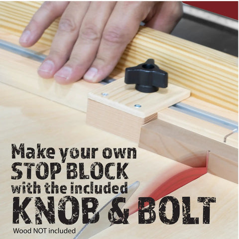 Top Shelf Diy Table Saw Crosscut Sled Kit With Two 19 Inch Predrilled Uhmw Slide Bars For Straight Shootin Precision And Total Shop Control Year Round showing knob and bolt on stop block.