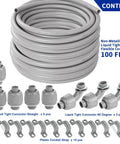 Half Inch Flexible Liquid Tight PVC Electrical Conduit Kit For Outdoor Use, 100 Feet Non Metallic Grey with connectors and straps