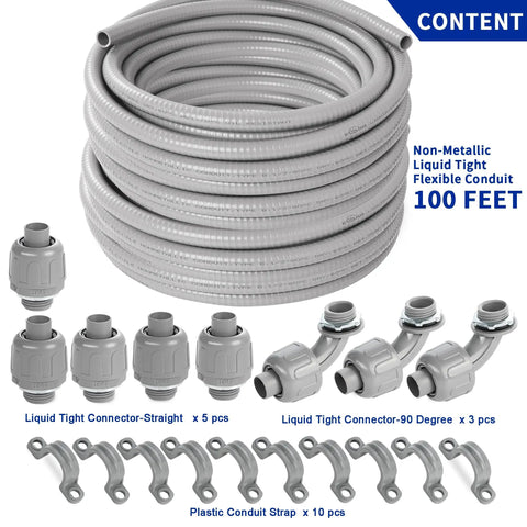 Half Inch Flexible Liquid Tight PVC Electrical Conduit Kit For Outdoor Use, 100 Feet Non Metallic Grey with connectors and straps