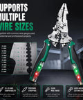 Close-up view of Heavy Duty 16 In 1 Foldable Wire Stripper with integrated voltage tester, showcasing multiple wire size compatibility.