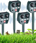 4 Pack Solar Ultrasonic Animal Repellers For Cats, Deer, And Squirrels, Outdoor Garden Yard Orchard Pest Deterrents With Ground Spikes Or Hanging Mounts, Sun Powered, Easy Install, Weatherproof. Four solar ultrasonic repellers on spikes