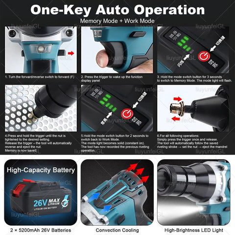 Ultimate 26V Cordless Rivet Nut Gun Kit With 7 Swappable Heads For M3 To M12 Fastening Plus Dual Batteries And Smart Features For pros, LED panel