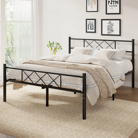Queen Size Bed Frame With Integrated Headboard, Hella Sturdy Steel Base, Built Like A Tank For Serious Support, Zero Box Spring Drama Required, Effortless Assembly Design In Classic Matte Black in a well-decorated bedroom.