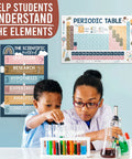 Science Posters 4 Pack Laminated 11 By 17 For Classrooms Boho Themed Decor Includes Periodic Table Poster And Scientific Method Poster Perfect For Elementary Middle School And Homeschool showing students with test tubes