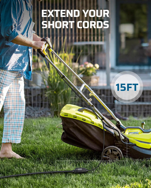 Two Pack 15ft Outdoor Extension Cords 14/3 SJTW Weatherproof Copper Wire ETL Listed Black Heavy Duty Portable Power Cables For Lawn Tools, Patio Lights, And Outdoor Equipment, Durable, Tangle Resistant. 15ft cord used with lawn mower