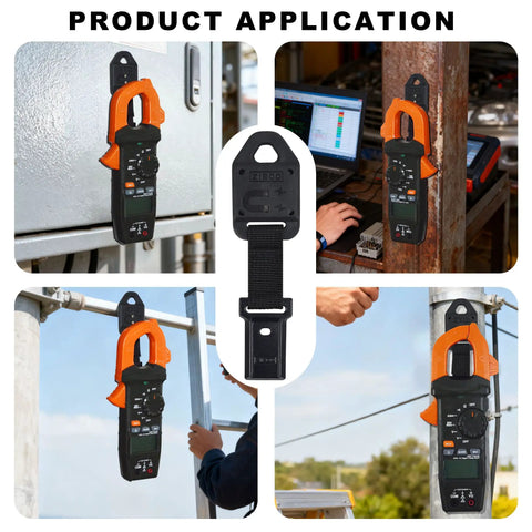 Rare Earth Magnetic Multimeter Hanging Strap Kit For Klein Tools Meters MM400 MM300 CL600 shown in use in various settings.