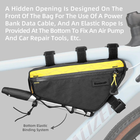 Ride Ready Bike Triangle Frame Bag 1.7L Waterproof Tool And Gear Organizer With YKK Zippers, Cable Port And Pump Holder attached to bike