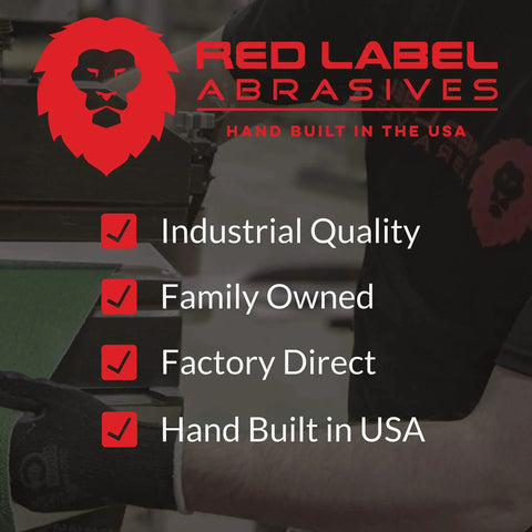 Red Label Abrasives logo and text highlighting industrial quality, family-owned, factory direct, and hand-built in USA.