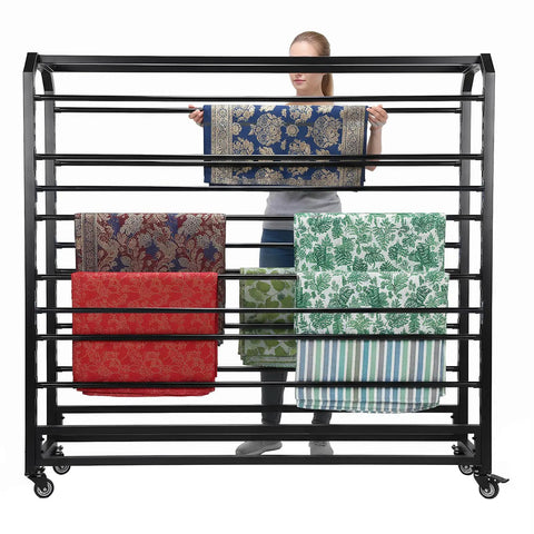 Heavy Duty Commercial Fabric Roll Storage Rack With 16 Adjustable Hanging Rods For Superior Cloth Organization displaying multiple fabric rolls.