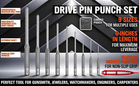 9-Piece Roll Pin Punch Set For Fast Pin Removal With Durable Chrome Vanadium Steel, Built For Automotive, Firearm Maintenance