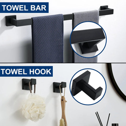 Matte Black 5 Piece Bathroom Hardware Set With 24 Inch Square Towel Racks, SUS304 Stainless Steel Towel Bar Set detail view