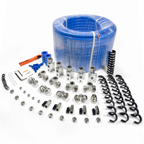 Pro Grade Compressed Air Piping System With Three Quarter Inch ID HDPE Tubing, 200 Feet, Aluminum Outlet Blocks, Garage Air Compressor Line Kit Accessories For Shop Use, 200 PSI, 53 Pieces, 9120.